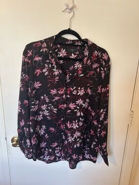 Tahari Black Button-Down Blouse with Pink Floral Print